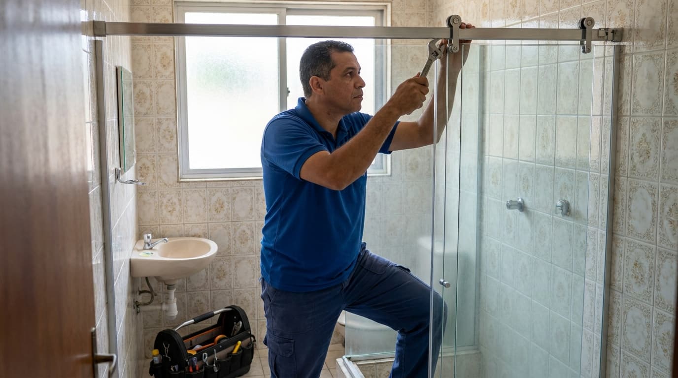 Técnico ajustando trilho superior de porta de vidro com chave inglesa