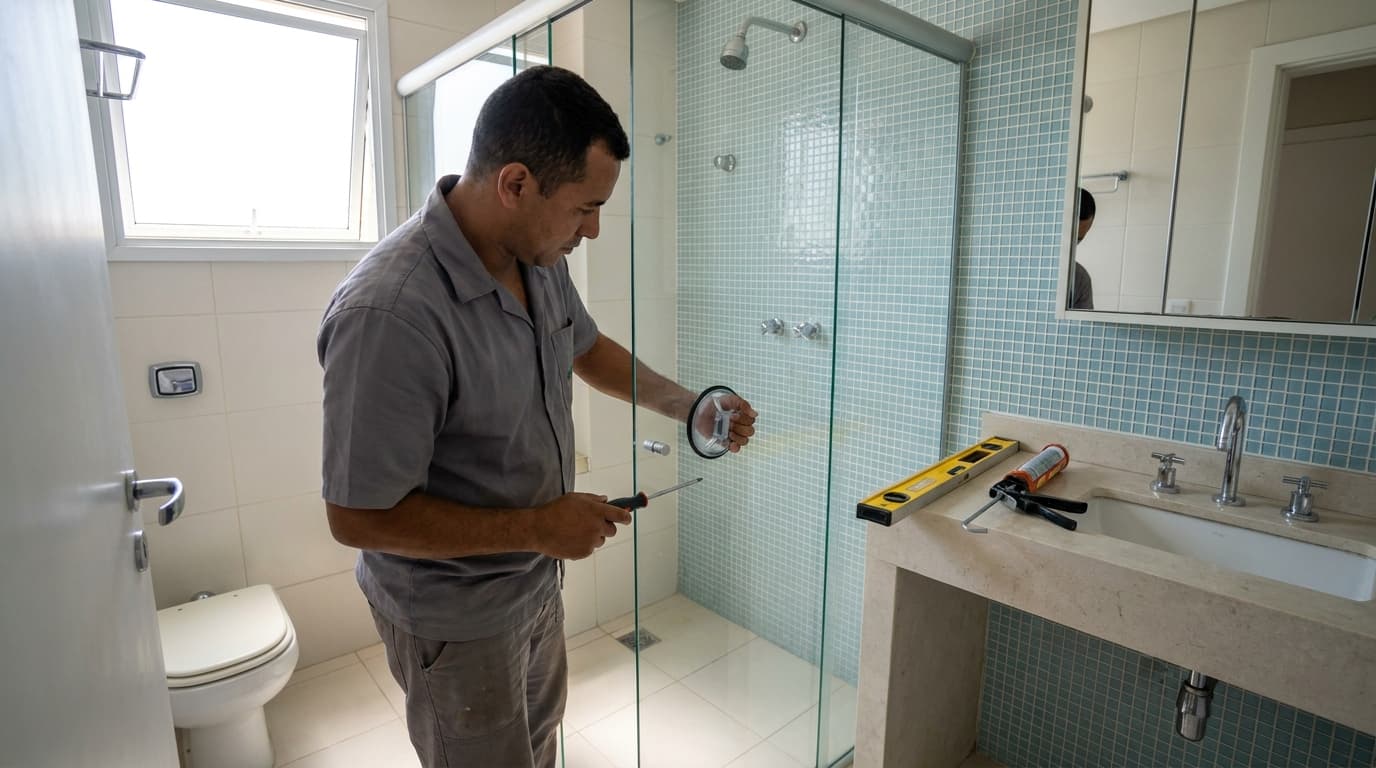 Técnico ajustando ferragem de box de banheiro com chave de fenda